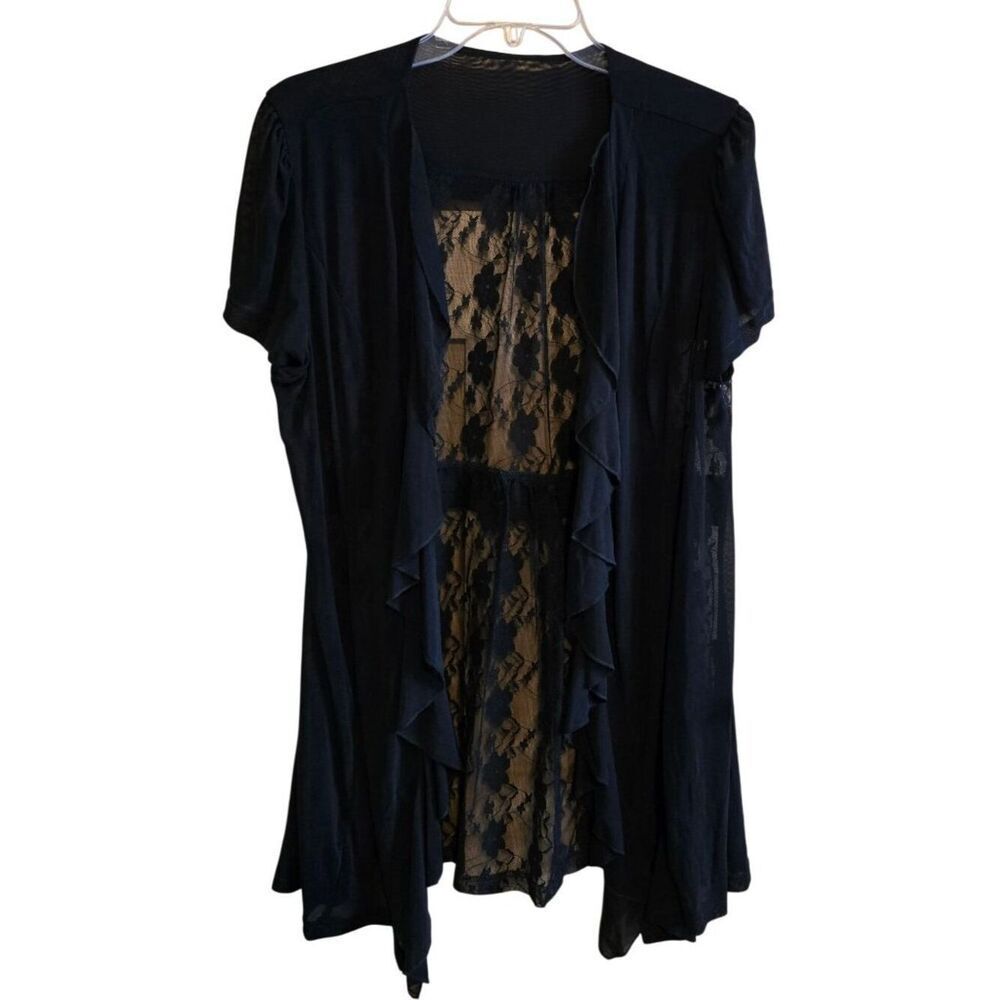 Black Ruffled Cardigan With Sheer Lace Back Short Sleeve Design whimsygoth